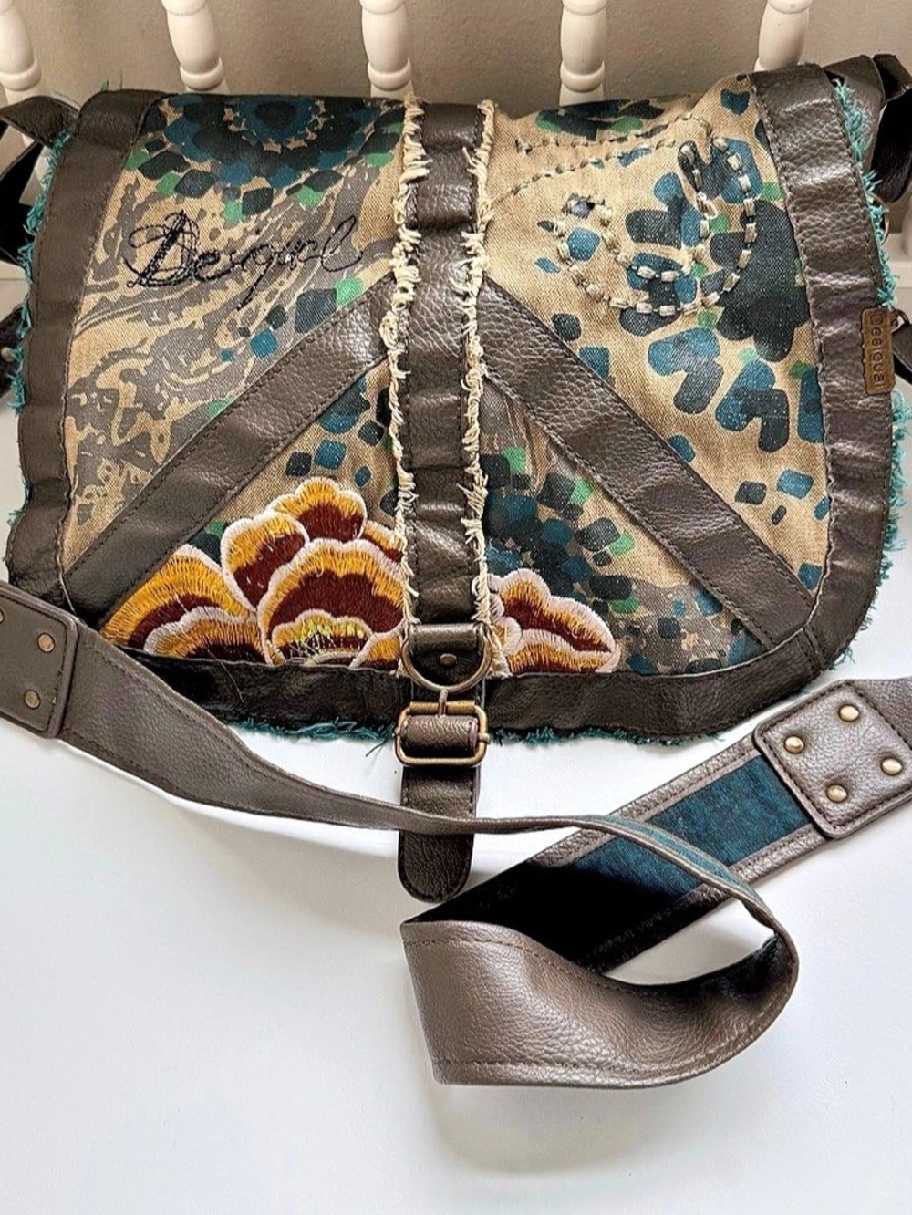 Desigual Printed Shoulder Bag Brown & Blue